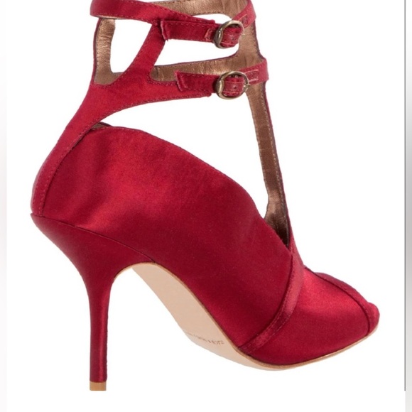 NIB [Leon Max] Red Satin Pika Ankle Wrap Peep Toe Stiletto Pumps Women’s Sz 5.5 - Picture 2 of 10